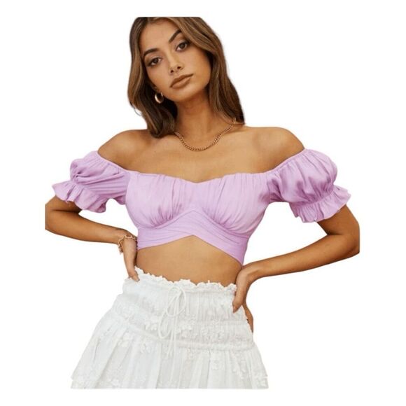 Selfie Leslie Linka Off-Shoulder Tie-Back Crop Top Lilac Knit Off The Shoulder X - Picture 1 of 7